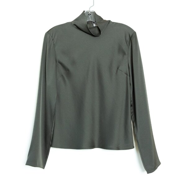 Aritzia Babaton Calisto Satin Blouse Turtleneck Long Sleeve Gray Green - Picture 2 of 10
